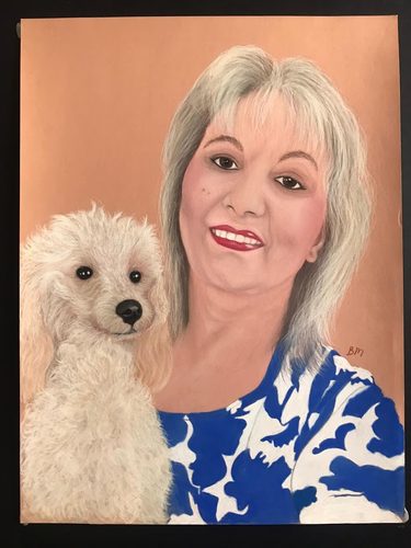 Brenda, Portrait of Amber & poodle Gracie,  pastels.